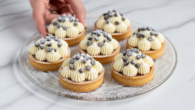 The image shows several small tartlets arranged on a white marbled surface. Each tartlet has a golden, flaky crust as the base layer, holding a thick white cream topping with a smooth texture. On top of the cream, there is a generous sprinkle of chopped pistachios and small dark chocolate chips, creating a mix of green and brown colors. One tartlet is being held by a woman's hand on the left side of the image, tilting slightly toward the camera. The overall lighting is bright, highlighting the contrast between the golden tart crusts and the white cream. photo taken with an iphone --ar 4:5 --v 7