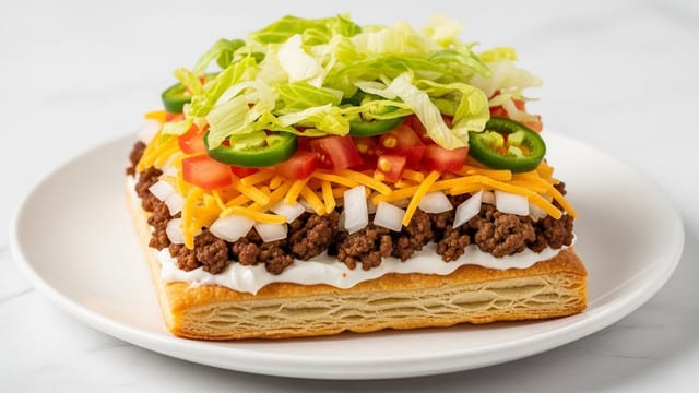 A close-up of a square slice of layered taco pizza is placed on a white plate over a white marbled surface. The bottom layer is a golden, flaky pizza crust with a slightly airy texture. On top of the crust is a thick white creamy layer spread evenly. Above this creamy base lies a layer of browned ground beef, crumbly and cooked. On top of the beef, there are small bits of white onion scattered lightly. The next layer features bright orange shredded cheddar cheese spread thinly. Above the cheese are chopped red tomatoes and small green pieces of jalapeño. The topmost layer is light green shredded lettuce, giving a fresh and crisp texture. The photo taken with an iphone --ar 4:5 --v 7