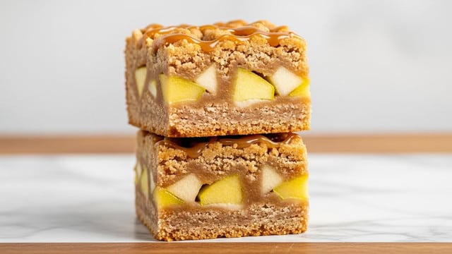 The image shows two square pieces of a dessert stacked on a wooden surface with a white marbled texture underneath. Each piece has three visible layers: the bottom layer is a firm, golden-brown crust, the middle layer is filled with chunks of light yellow-green apple, soft and moist inside, and the top layer is a crumbly, golden-brown crust with small bits and a glossy drizzle of a light caramel sauce on top that adds shine and moisture. The edges are slightly crumbly, and the pieces look thick and soft with a rich texture. Photo taken with an iphone --ar 4:5 --v 7