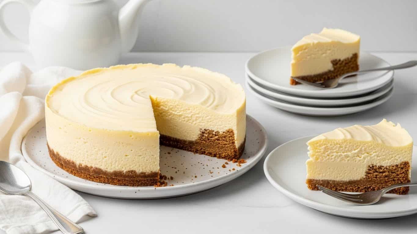 A creamy cheesecake is shown with one large slice cut out, revealing two layers: a smooth, pale yellow top cream layer and a darker, crumbly brown biscuit base. The cheesecake is on a white plate with a slightly speckled texture, placed on a white marbled surface. In the background, there is a white teapot and a stack of white plates, one holding the cut slice with a silver fork resting on it. A silver spoon lies next to a soft white cloth napkin near the front. Photo taken with an iphone --ar 4:5 --v 7