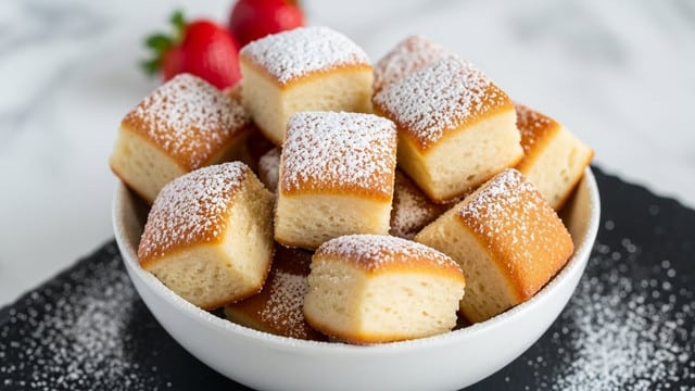 A white bowl filled with about ten small, square-shaped fried dough pieces that are golden brown on the top and sides, with a lighter beige bottom layer visible on some pieces. Each dough piece is lightly dusted with white powdered sugar, giving a soft, snowy texture on top. The bowl sits on a dark slate surface with some powdered sugar scattered near the bowl. In the background, there is a slightly out-of-focus red strawberry. The whole scene is set on a white marbled texture. photo taken with an iphone --ar 4:5 --v 7
