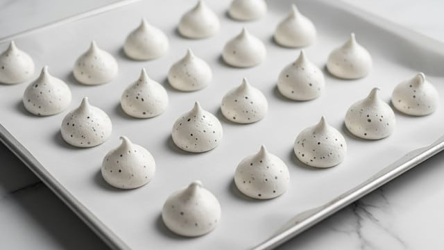 Small white meringue drops with tiny dark spots are spread out evenly on a sheet of parchment paper that lines a baking tray. The meringues are round but vary slightly in size and shape, with a delicate smooth texture and a slightly shiny surface. The tray rests on a white marbled surface, adding a clean, bright background to the scene. photo taken with an iphone --ar 4:5 --v 7