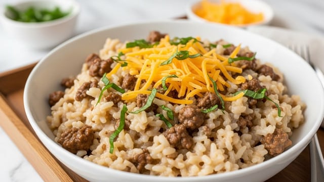 A close-up view of a bowl filled with a creamy dish of cooked white rice mixed with small brown ground beef pieces throughout, topped with a layer of shredded yellow cheddar cheese and scattered green herb leaves for garnish. The dish is served in a deep white bowl placed on a wooden tray with a small white bowl of cheese and herbs blurred in the background. The setting is on a white marbled texture surface. photo taken with an iphone --ar 4:5 --v 7