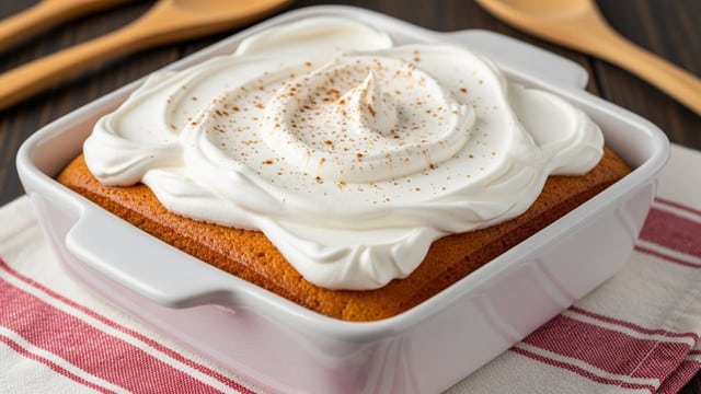 A square white ceramic dish holds a two-layer dessert, the bottom layer is a golden brown cake that fills the dish, and the top layer is thick, fluffy white whipped cream evenly spread with soft peaks and swirls, sprinkled lightly with a fine dusting of brown spice on top. The dish rests on a textured red and white striped cloth, placed on a dark wooden surface with wooden spoons blurred in the background, capturing a cozy kitchen feeling. Photo taken with an iphone --ar 4:5 --v 7