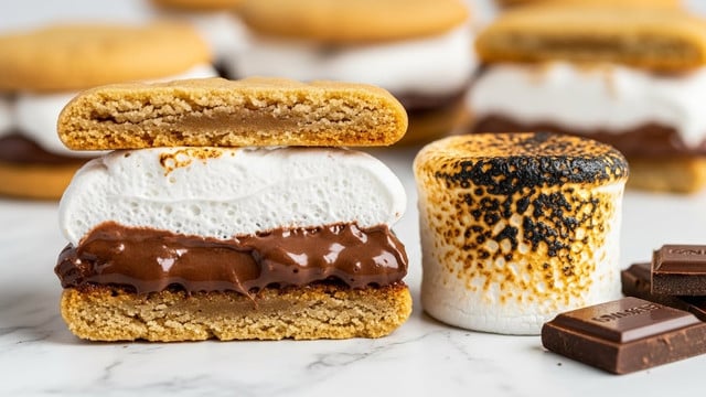 The image shows a close-up of a s'mores sandwich cut in half, held up to display its three layers clearly. The bottom layer is a golden-brown crunchy cookie, followed by a thick, dark brown layer of melted chocolate in the middle. Above the chocolate is a fluffy white layer of marshmallow. The top layer is another golden-brown cookie matching the bottom one. Next to the sandwich is a toasted marshmallow that is golden and slightly burnt on the surface, with a few pieces of dark chocolate nearby. The background has a white marbled texture with more s'mores sandwiches slightly blurred in the background. photo taken with an iphone --ar 4:5 --v 7