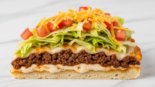The image shows a slice of layered taco pizza on a white marbled surface. Its base is a light tan crust, topped with a layer of melted cheese with a soft, creamy texture, followed by a thick layer of browned ground beef. Above the beef, there is a layer of crisp, shredded light green lettuce mixed with small chunks of bright red tomato. The topmost layer is scattered with finely shredded orange cheddar cheese. The edges of the pizza slice reveal all the layers clearly, and the overall look is colorful and fresh. Photo taken with an iphone --ar 4:5 --v 7