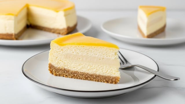 A single slice of creamy cheesecake is placed on a white plate with a thin dark edge. The cheesecake has three clearly visible layers: a bottom layer of dense light brown crumb crust, a thick middle layer of smooth, pale cream cheese filling with a soft texture, and a top thin layer of shiny, slightly golden cream. To the right of the cheesecake slice, there is a silver fork. In the background, a larger cheesecake with a missing slice sits on another white plate, all set on a white marbled surface. Photo taken with an iphone --ar 4:5 --v 7