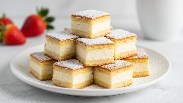 A white plate holds a pyramid of small square cake pieces, each with two layers: a golden-brown, crispy outer layer and a soft, white inner layer. The cake squares are dusted lightly with powdered sugar, adding a soft white powder on top and around the plate. The plate sits on a white marbled surface, with some strawberries blurred in the background and a large white cup also visible. photo taken with an iphone --ar 4:5 --v 7