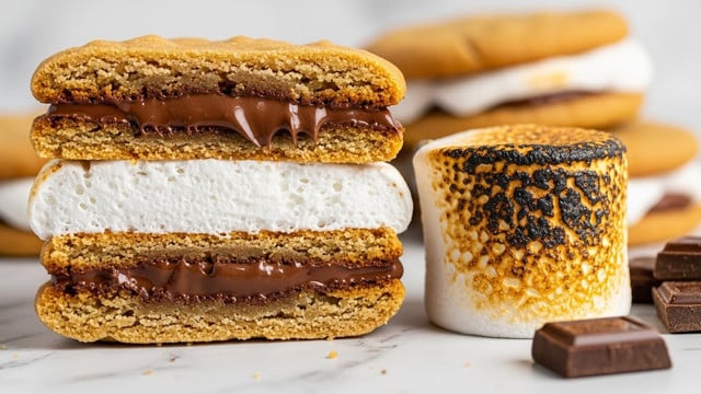 The image shows a close-up view of a stack of three toasted sandwiches. Each sandwich has three main layers: a golden brown toasted bread on the top and bottom, a thick middle layer of smooth dark chocolate, and a fluffy white marshmallow layer above the chocolate. The marshmallow looks slightly melted and soft, with some parts dripping down the sides. The sandwiches rest on a piece of parchment paper placed on a white marbled surface with a blurred grey background. Photo taken with an iphone --ar 4:5 --v 7