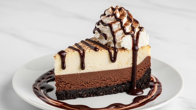 A slice of layered cheesecake is shown on a white plate with a swirl of chocolate sauce around the edge. The bottom layer is a dark, crumbly chocolate crust, followed by a thick, dense dark chocolate layer. Above that is a creamy, smooth white cheesecake layer. The top is decorated with a large dollop of whipped cream that is drizzled with rich chocolate syrup and sprinkled lightly with cocoa powder. The slice is cleanly cut, revealing the distinct layers clearly with some chocolate sauce dripping over the side. The whole scene is set on a white marbled surface. Photo taken with an iphone --ar 4:5 --v 7
