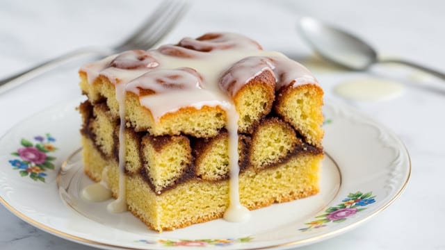 A square baking pan lined with foil holds a baked cinnamon roll casserole cut into pieces, with the top layer made of golden brown soft cinnamon roll chunks covered in a thick, smooth white glaze. The casserole shows three layers: the bottom layer is a dense cinnamon mixture, the middle is a soft dough with spots of cinnamon swirls, and the top layer is the browned cinnamon roll pieces. A silver fork inside the pan has a small piece of casserole on it. The pan sits on a white marbled surface with a spoon blurred in the background. photo taken with an iphone --ar 4:5 --v 7
