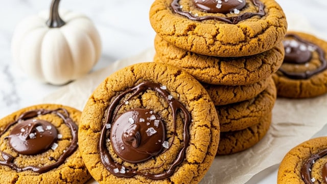A close-up of a stack of soft, golden brown cookies showing melted dark chocolate swirls and small flakes of sea salt on top, arranged on crinkled light beige parchment paper. The cookies have a slightly cracked texture and look thick and chewy. On the left side, a small white pumpkin decoration is visible, adding a cozy fall touch. The background is a white marbled texture. photo taken with an iphone --ar 4:5 --v 7