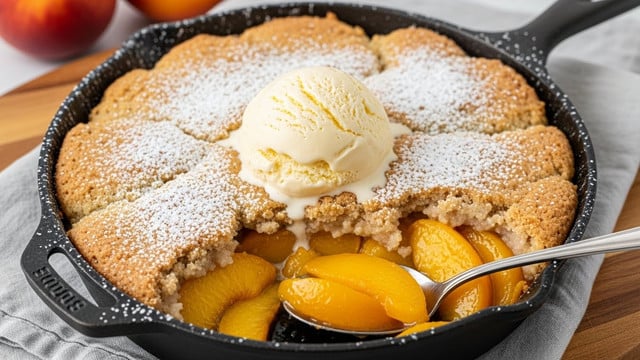 A round black cast iron skillet holds a peach cobbler with a thick golden brown crumbly crust dusted with white powdered sugar. Inside, thick, juicy peach slices with a bright yellow-orange color fill the bottom layer, partially covered by the crust. A scoop of creamy pale yellow vanilla ice cream rests on top, slightly melting near the edge of the crust. A silver spoon with a small cluster of peach slices scoops from one side, showing the soft fruit and syrup beneath. The skillet is placed on a light gray cloth on a wooden flat surface with two whole peaches blurred in the background. photo taken with an iphone --ar 4:5 --v 7