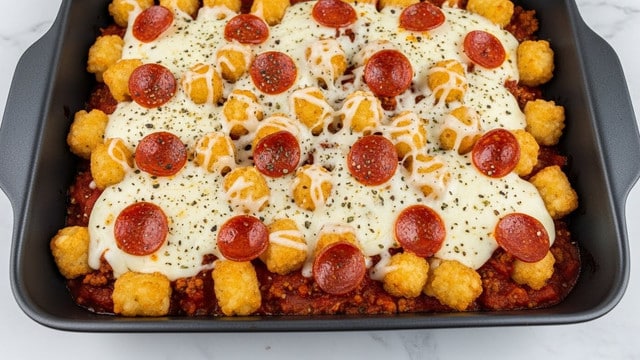 A rectangular black baking dish filled with a layered dish, starting with a base of red tomato sauce mixed with cooked ground meat. Above the base, there is a thick layer of melted white mozzarella cheese that looks gooey and stretchy. Scattered over the cheese are many golden-brown crispy tater tots, each round and puffed, some with melted cheese draped over them. Also on top are multiple small, round, reddish-brown pepperoni slices evenly spread among the tater tots and cheese. The dish has a sprinkle of dark green herbs and black pepper for extra detail, all resting on a surface with a white marbled texture. photo taken with an iphone --ar 4:5 --v 7