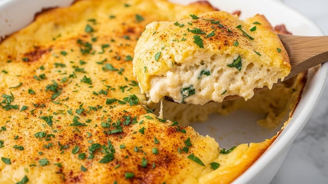 A close-up image shows a white bowl filled with creamy, light yellow cheese spread with a thick, fluffy texture. The spread is topped with finely chopped green herbs and a sprinkle of orange-red seasoning powder. A woman's hand is holding a round, brown pretzel chip dipped generously into the spread, with the cheese clinging in soft peaks and small herb pieces on top. The background features a white marbled texture that contrasts softly with the warm colors of the cheese and pretzel chip. photo taken with an iphone --ar 4:5 --v 7