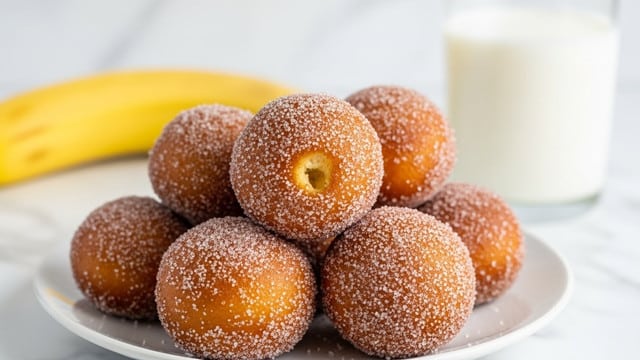 A close-up view of a white plate stacked with six golden-brown round doughnut holes, each coated thickly with sparkling sugar and cinnamon, giving a textured look. The doughnut holes are arranged in a small pile with one in the center on top, showing a soft, slightly uneven surface with visible sugar crystals. In the blurry background, a yellow banana lies to the left, and a glass of white milk is placed behind the plate on a white marbled surface. photo taken with an iphone --ar 4:5 --v 7