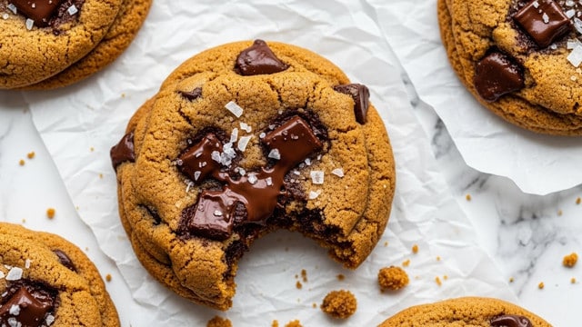 The image shows soft chocolate chip cookies on crinkled parchment paper with a white marbled texture in the background. There are three cookies visible, with the center one having a bite taken out, revealing a moist, gooey inside with melted dark chocolate chunks. The cookie surfaces are golden brown with darker spots where the chocolate has melted, and there are small white flakes of sea salt sprinkled on top. Crumbs are scattered around the bitten cookie, adding a sense of texture and freshness. Photo taken with an iphone --ar 4:5 --v 7