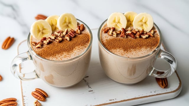 Two clear glass mugs filled with a creamy light brown smoothie. Each mug is topped with three slices of banana arranged on one side, a sprinkle of chopped pecans spread across the surface, and a dusting of cinnamon covering the smoothie in a thin layer. The mugs sit on a white distressed wooden board, with some pecans scattered around on a white marbled textured surface. The light gives a soft, natural look to the scene. photo taken with an iphone --ar 4:5 --v 7