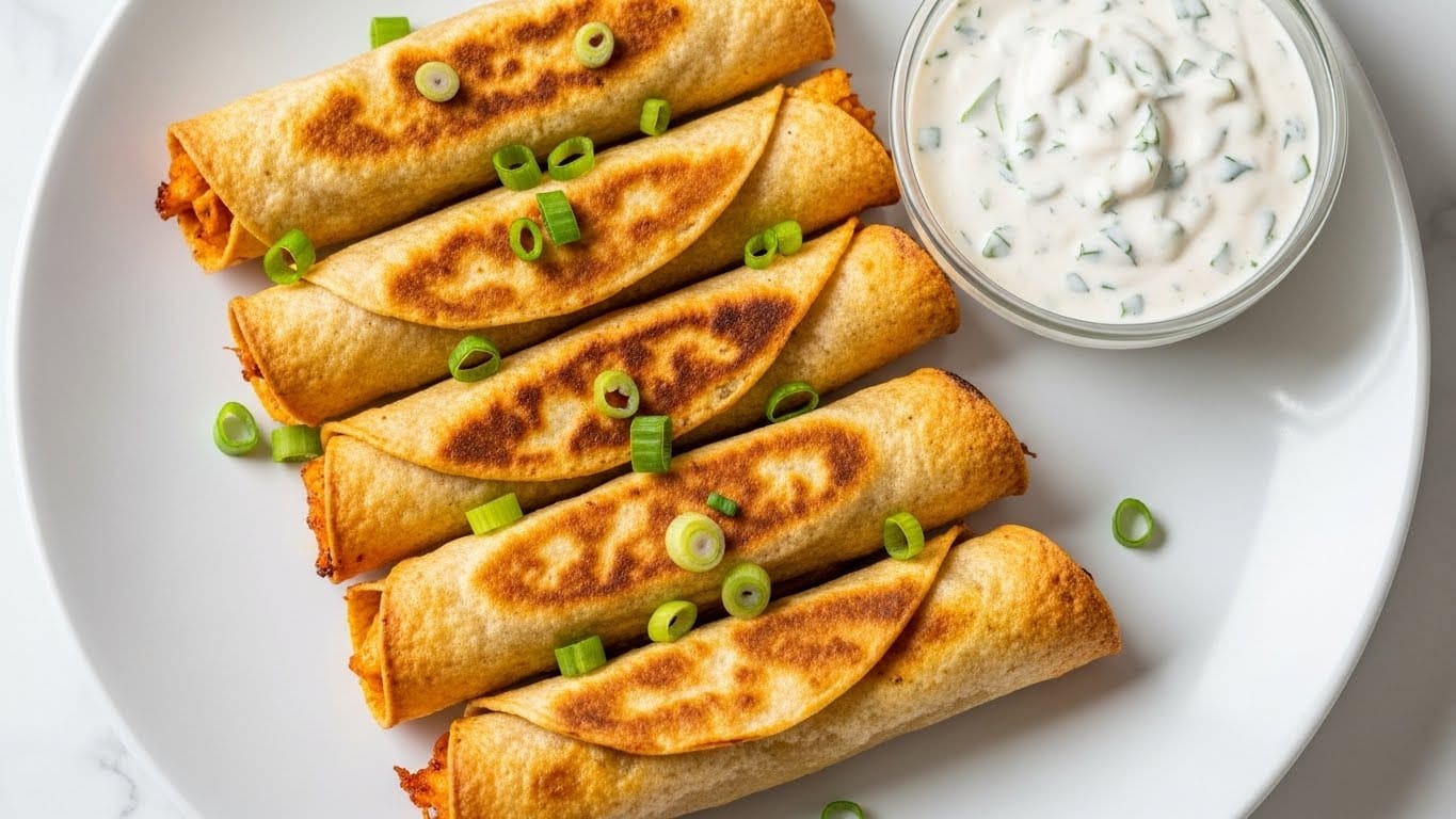 The image shows a white plate with five golden-brown, crispy rolled taquitos arranged side by side, each featuring a slightly bubbly and toasted surface with light and darker brown spots. Chopped green onions are scattered on top of the taquitos, adding fresh green color contrast. To the right of the taquitos on the plate is a small bowl of creamy white dipping sauce with visible green herbs mixed in. The plate sits on a white marbled surface. photo taken with an iphone --ar 4:5 --v 7