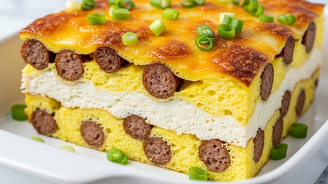 The image shows a close-up of a thick, square breakfast casserole with about five visible layers. The bottom layer is a light yellow scrambled egg base mixed with small pieces of cooked sausage, followed by a creamy white layer that looks like melted cheese or a cheese and egg mix. Above that, there's another layer of fluffy yellow eggs combined with browned sausage chunks. The top layer is golden brown melted cheese with some crispy dark brown spots from baking, sprinkled with chopped green onions adding a fresh green color. The casserole sits in a white rectangular baking dish on a white marbled surface with a few extra green onion pieces scattered around. Photo taken with an iphone --ar 4:5 --v 7