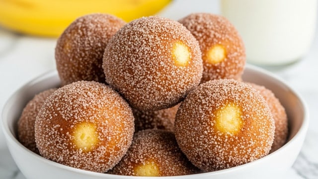A group of round, golden brown balls covered in a coarse layer of cinnamon sugar crystals sits piled in a white bowl. Each ball shows a textured, slightly uneven surface with some lighter yellow spots under the sugar coating. The background includes a blurred banana and a glass of milk, all set on a white marbled surface. photo taken with an iphone --ar 4:5 --v 7