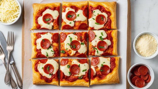 A square pizza cut into nine equal slices is placed on white parchment paper over a wooden surface replaced with a white marbled texture. The crust is golden brown and thick, topped with a layer of red tomato sauce spread unevenly, followed by a layer of melted white cheese covering most slices. Small, round, glossy pepperoni slices are scattered, with two to three on each slice. Green herbs are sprinkled over the pizza giving a fresh look. Nearby, there is a white bowl of shredded cheese on the top left and a white bowl of grated Parmesan cheese on the bottom right, with a small white bowl containing extra pepperoni slices at the bottom right corner. Two vintage silver fork and knife sets are placed on the bottom left side. Photo taken with an iphone --ar 4:5 --v 7