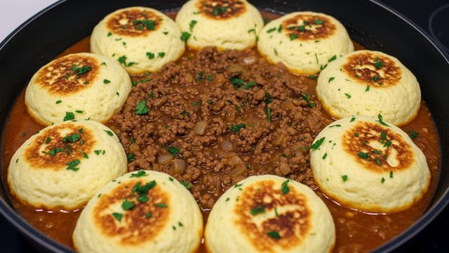 A black pan filled with a stew that has two main layers: the bottom layer is thick, brown ground meat sauce with small pieces of onions and green herbs mixed in, and the top layer consists of seven big, round, fluffy biscuit dumplings that are light yellow with spots of golden brown and sprinkled with small bits of green herbs. The dumplings are arranged in a circle around the meat sauce, which fills the center of the pan. The stew looks hot and slightly glossy from the sauce. Photo taken with an iphone --ar 4:5 --v 7