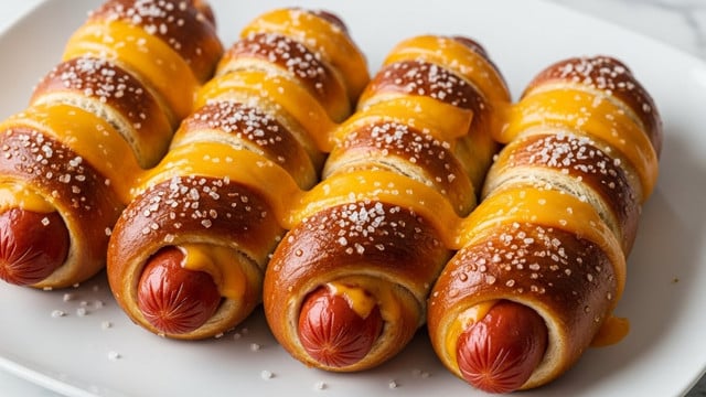 Five pretzel-wrapped hot dogs are placed closely together on a white plate. Each hot dog is wrapped in a golden-brown pretzel dough layer that looks thick and slightly crispy with a shiny surface. There are layers of melted, yellow cheese stretched across the top of each wrapped hot dog in thick bands. Small white salt crystals are sprinkled generously over the pretzel dough, creating a rough texture. The reddish-brown hot dogs peek out from the ends of each pretzel wrap, showing a smooth, shiny skin. The plate sits on a white marbled surface. photo taken with an iphone --ar 4:5 --v 7