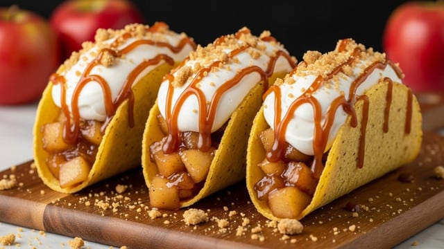 Three crispy yellow taco shells stand upright on a wooden board, each filled with soft, caramelized apple chunks mixed with cinnamon. On top of the apple filling, there is a thick layer of white whipped cream, drizzled with a glossy brown caramel sauce. Crumbled light brown crumbs are sprinkled generously over the whipped cream, filling, and the wooden board surface, adding texture. In the background, out of focus, there are red and green apples, and the surface beneath the board is a white marbled texture. photo taken with an iphone --ar 4:5 --v 7