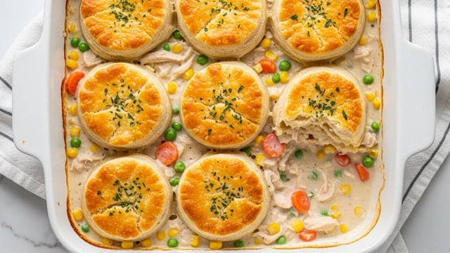 This image shows a white baking dish filled with creamy chicken and vegetable stew topped with six golden brown biscuits. The stew layer is thick and light yellow in color, with pieces of white chicken, orange carrot chunks, bright green peas, and yellow corn scattered throughout. The biscuits are fluffy with a slightly crispy, shiny golden top, arranged evenly across the stew’s surface. The dish sits on a white marbled surface with a white towel that has red and grey stripes beside it. Photo taken with an iphone --ar 4:5 --v 7