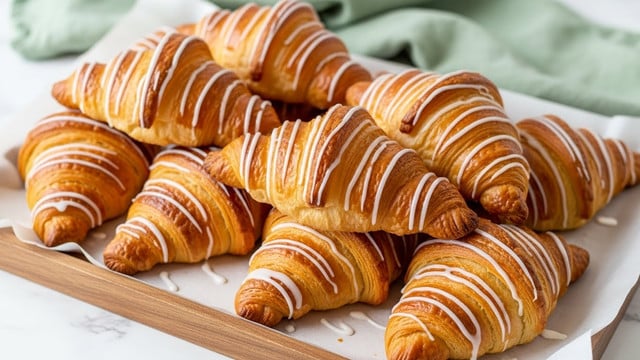 A white plate holds a stack of seven golden brown croissants, each showing multiple flaky layers with a shiny, slightly crisp crust. The croissants are arranged haphazardly, some overlapping others, revealing their curved and folded shapes. The texture looks soft inside with visible light layers and the outside has a delicate shine from a light glaze. The plate sits on a white marbled surface, and there is a white cloth napkin partially underneath the plate. photo taken with an iphone --ar 4:5 --v 7