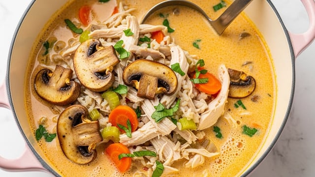 This image shows a pot filled with a creamy soup that has a light orange color. Inside the soup, there are several layers: shredded white chicken pieces, sliced brown mushrooms with a slightly charred texture, small orange carrot cubes, and bits of green herbs scattered on top. The soup base looks smooth with tiny bubbles and bits of onion visible, creating a rich and thick texture. The pot is light pink on the handle and rim, with a worn look on the inside, sitting on a white marbled surface. Photo taken with an iphone --ar 4:5 --v 7