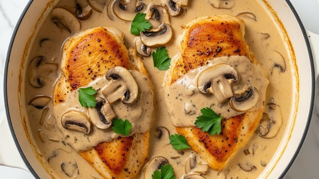 This close-up image shows two golden brown chicken breasts cooked in a creamy mushroom sauce. The chicken pieces have a crispy, seared texture on top, partially covered by a smooth, light beige sauce dotted with sliced brown mushrooms and fresh green parsley leaves. The dish is inside a white pot, with the sauce slightly bubbling around the edges. The background is a white marbled texture. photo taken with an iphone --ar 4:5 --v 7