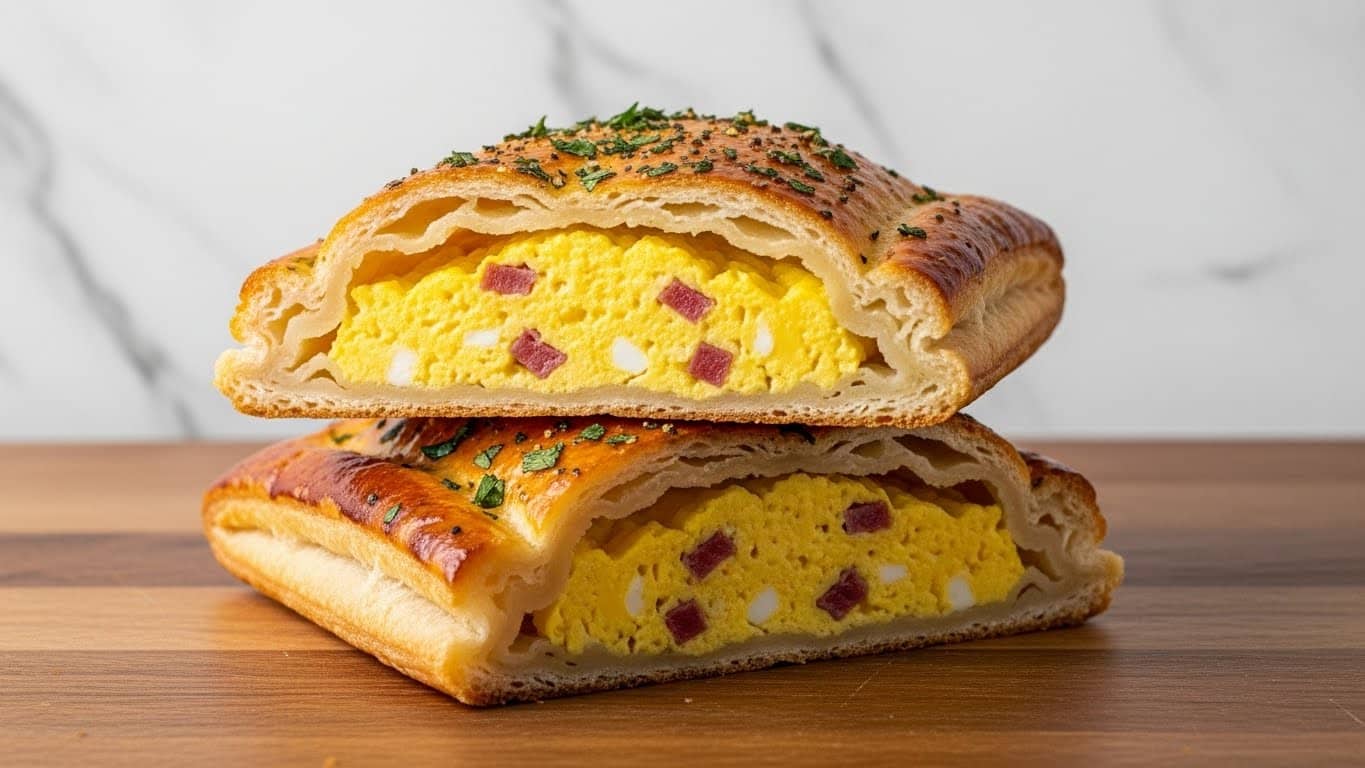 A close-up of three half pieces of flaky, golden-brown pastry filled with a layered mix of soft, scrambled yellow eggs and pinkish ham cubes, showing the light, airy texture of the crust and the creamy egg filling inside; in the background, there are whole pastries stacked on a white marbled surface. Photo taken with an iphone --ar 4:5 --v 7