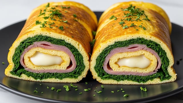 The image shows two rolled omelets placed side by side on a black plate. Each omelet has three visible layers: a golden-brown cooked egg outer layer with herbs sprinkled on top, a middle layer of green cooked spinach, and an inner layer of light pink ham slices and melted white cheese. The omelets have a slightly shiny, moist texture with some browned spots and finely chopped green herbs on the surface. The background has a white marbled texture. Photo taken with an iphone --ar 4:5 --v 7