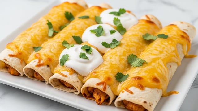 A white rectangular plate holds six rolled enchiladas placed side by side in a neat row. Each enchilada is covered with a golden-brown melted cheese layer that is bubbly and slightly crispy on top, showing some light browning. Between the enchiladas are dollops of thick white sour cream, garnished with bright green chopped cilantro scattered over the cheese and sour cream. The enchilada tortillas are soft with light browning on the edges, visible at the front of the rolls. The background has a white marbled texture, creating a clean and fresh look. photo taken with an iphone --ar 4:5 --v 7