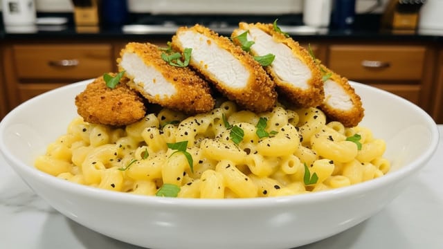 A white bowl holds a creamy macaroni and cheese dish topped with crispy golden-brown breaded chicken pieces. The bottom layer is soft elbow macaroni coated in smooth, pale yellow cheese sauce with flecks of black pepper and small green herb bits scattered throughout. Above the pasta, thick chicken slices with a crunchy, well-browned breadcrumb crust are layered, some pieces showing tender white meat inside. Small green parsley leaves are sprinkled over the top for color. The background shows a blurred kitchen with wooden cabinets, and the bowl sits on a white marbled surface. photo taken with an iphone --ar 4:5 --v 7