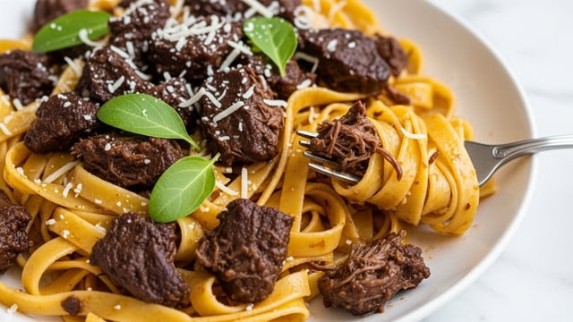A close-up view of a plate filled with three layers of fettuccine pasta, light yellow and slightly glossy, mixed thoroughly with chunks of dark brown shredded meat. Small bits of grated white cheese and scattered fresh dark green parsley leaves sit on top, adding texture and color contrast. A silver fork holds a twisted bundle of noodles and meat near the right side, with some strands loosely hanging. The plate is white and rests on a white marbled surface. photo taken with an iphone --ar 4:5 --v 7