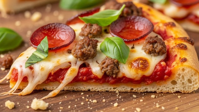 A close-up image shows a thick slice of pizza resting on a wooden surface. The base is a light golden crust that looks soft and slightly crunchy at the edges. On top of the crust is a rich, chunky layer of red tomato sauce mixed with browned ground meat. Above the sauce, there are large patches of melted white cheese that stretches and drips slightly down the sides. Scattered on the cheese are small slices of dark reddish-brown pepperoni and finely crumbled browned sausage pieces. Small green basil leaves are placed on top, adding a fresh touch of color. The photo taken with an iphone --ar 4:5 --v 7
