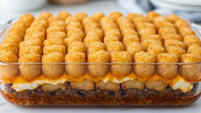 A close-up of a clear glass baking dish filled with a layered tater tot casserole. The bottom layer is made of dark brown cooked ground beef mixed with sauce, topped with a thick layer of melted white and orange cheese that stretches and drips down the sides. The top layer is a golden-brown grid of crispy tater tots, tightly packed and slightly browned on the edges, covering the entire dish evenly. The background shows a white marbled texture and blurred kitchen items. Photo taken with an iphone --ar 4:5 --v 7