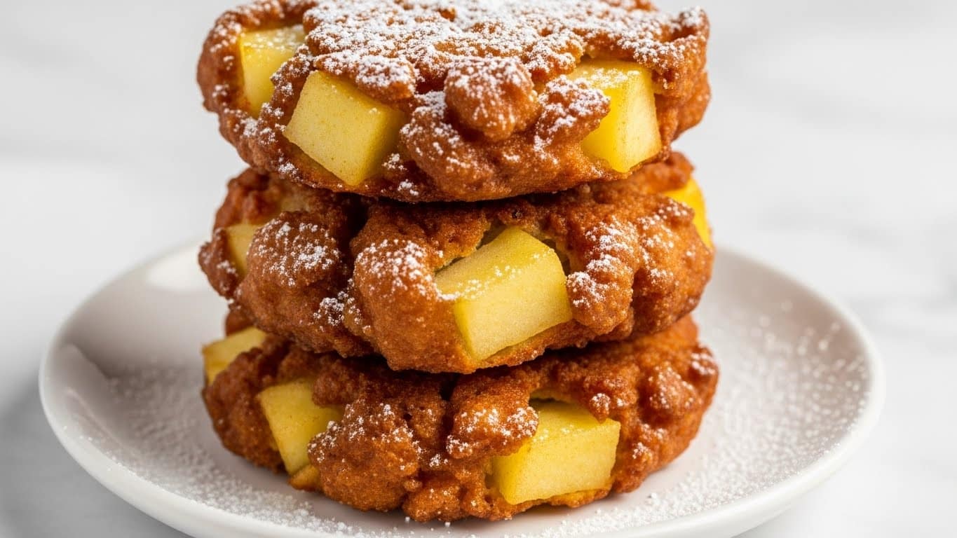 A close-up image of a stack of three golden brown apple fritters with a crisp texture, each fritter showing pieces of light yellow apple embedded inside the batter. The fritters have a rough, uneven surface with bits of fried batter creating a crunchy look, and they are dusted with a light sprinkle of white powdered sugar on top and around the stack. The fritters are placed on a small, round white plate with a slight rim, sitting on a white marbled textured surface. The warm tones of the fritters contrast softly with the clean background. photo taken with an iphone --ar 4:5 --v 7