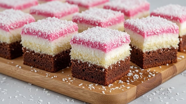 The image shows multiple square pieces of layered cake arranged on a wooden board, each with three distinct layers: the bottom layer is a dense, dark brown chocolate cake, the middle layer is a white creamy layer covered in shredded coconut, and the top layer is a pink creamy layer also sprinkled with shredded coconut, adding texture. The pieces are close together, and the wooden board rests on a white marbled surface, with some coconut shreds scattered around. photo taken with an iphone --ar 4:5 --v 7