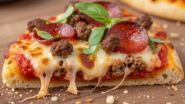This is a close-up view of one slice of pizza resting on a wooden surface with crumbs scattered around. The base is a thick, golden-brown crust. On top of the crust, there is a thick layer of red tomato sauce. Above the sauce, there is a generous layer of melted cheese with some bubbly, browned spots. Small chunks of browned ground meat and round slices of pepperoni are placed over the cheese. Fresh green leaves, likely basil, are scattered on top of the pizza, adding color contrast. The photo is focused on the front edge of the pizza slice, showing gooey cheese stretching slightly. The background is softly blurred. photo taken with an iphone --ar 4:5 --v 7