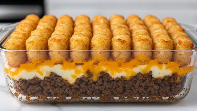 A close-up view of a baked tater tot casserole in a clear glass rectangular dish, showing three visible layers: the bottom layer is dark brown cooked ground meat, the middle layer is melted orange and white cheese dripping slightly over the meat, and the top layer is golden-brown crispy tater tots arranged tightly in rows. The cheese stretches in gooey strings between the layers, and the tater tots have a crisp, textured surface with hints of browning. The dish is placed on a white marbled texture surface with a blurred kitchen background. photo taken with an iphone --ar 4:5 --v 7