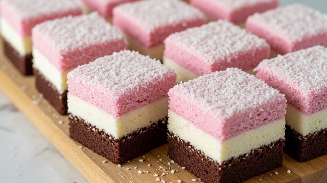 This image shows square-shaped layered cakes arranged closely on a wooden board. Each cake has three layers: the bottom layer is dark brown and looks like soft chocolate cake, the middle layer is white and creamy, and the top layer is light pink with a fluffy texture. The top layer is sprinkled with thin white coconut shreds, giving a textured look. The cakes are neatly cut, and one piece is slightly raised, showing the distinct separation between the three layers. The scene is set on a white marbled texture. photo taken with an iphone --ar 4:5 --v 7