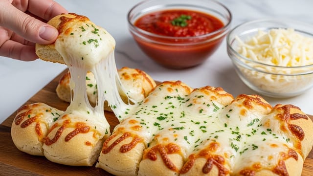 A hand is lifting one cheese breadstick from a wooden board, showing melted white cheese stretching between the breadstick and the board. There are two rows of golden-brown breadsticks, each topped with melted cheese and sprinkled with green herbs. The breadsticks have a soft, textured surface with some darker toasted spots. In the background, there are two clear glass bowls placed on a white marbled surface; one bowl contains bright red marinara sauce and the other is filled with shredded white cheese. photo taken with an iphone --ar 4:5 --v 7