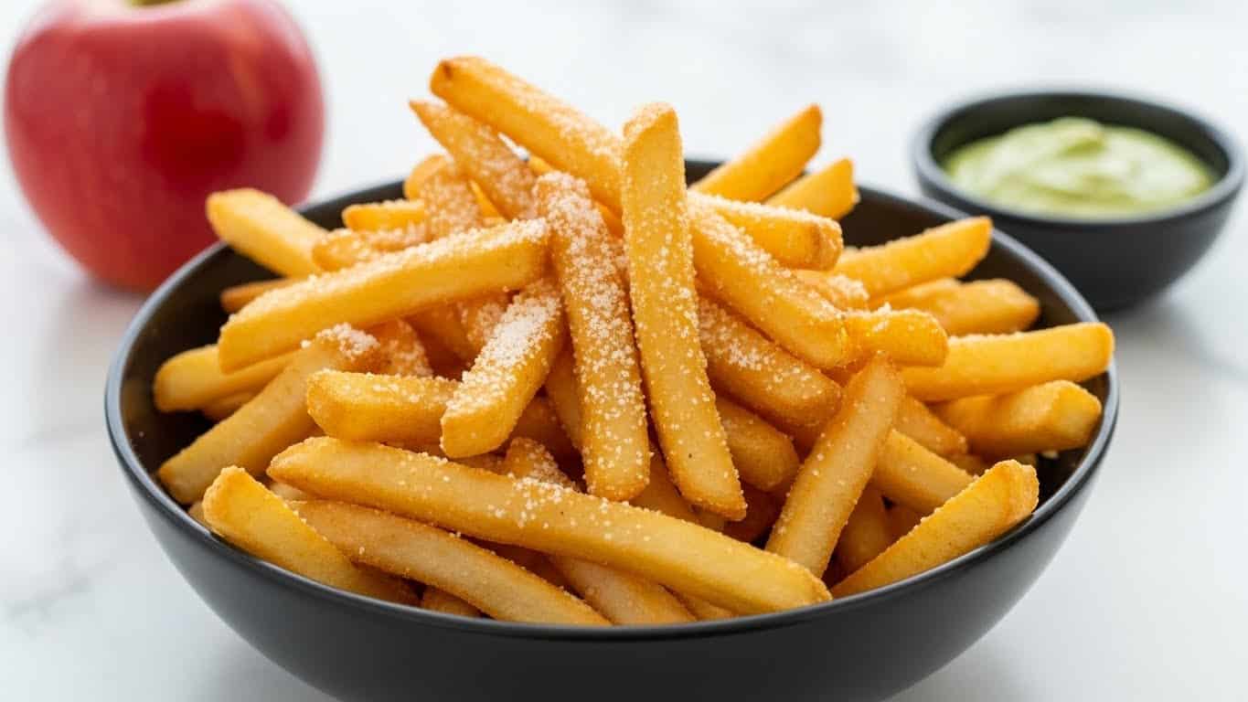 The image shows a wooden round plate filled with golden brown churros covered in sugar. The churros are long and ridged with a crunchy texture, stacked unevenly with some overlapping others. On the top left side of the plate, there is a small white cup filled with smooth chocolate sauce, while a woman's hand is about to pick one churro from the top. The background is a white marbled surface, adding a clean and bright look to the scene. photo taken with an iphone --ar 4:5 --v 7