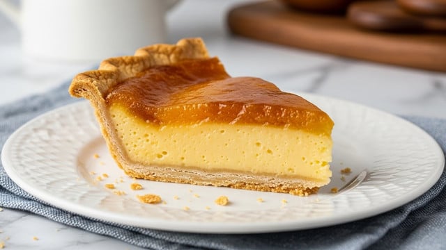 A close-up of a single slice of pie on a white plate with a subtle pattern, placed on a white marbled surface with a blue and white cloth underneath. The pie has two clear layers: the bottom crust is golden brown and crisp, with visible flaky crumbs around the edges and scattered on the plate. Above it is a thick, smooth lemon-colored filling with a slightly glossy, caramelized top layer that appears rich and sticky. The crust edge is crimped and golden, holding the filling tightly. In the soft, blurred background, there is a white teapot and some brown objects on a wooden board. photo taken with an iphone --ar 4:5 --v 7