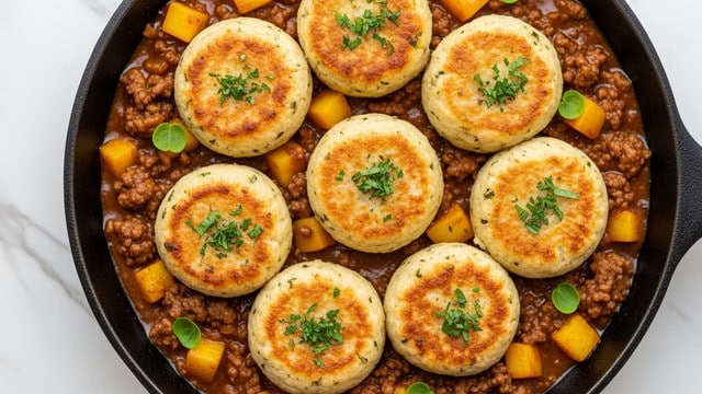 A close-up view of a dish featuring seven round, golden-brown dumplings or biscuit-like pieces arranged in a circular pattern, each with a slightly crispy, textured surface and a light sprinkle of green herbs on top. Surrounding and filling the spaces between the dumplings is a thick, rich brown sauce with visible chunks of browned ground meat and small, soft-looking cubes of yellow-orange vegetables. The mixture glistens with a savory sheen and is garnished with small green herb leaves, all served in a black cast iron skillet set on a white marbled texture. photo taken with an iphone --ar 4:5 --v 7