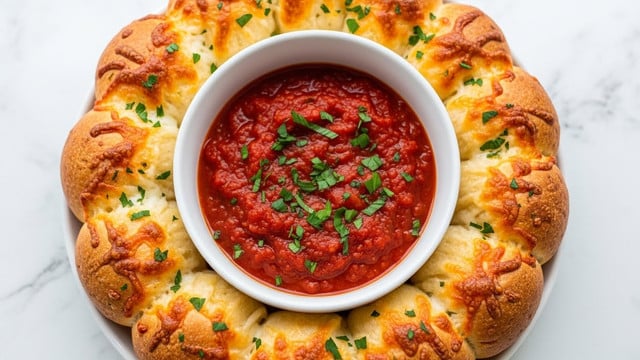 A white bowl is placed at the center filled with chunky red marinara sauce topped with small green herb pieces. Surrounding this bowl is a ring of golden-brown cheesy bread with a soft, slightly bubbly texture and melted cheese browned in spots, sprinkled with chopped green herbs. The dish sits on a white marbled surface. photo taken with an iphone --ar 4:5 --v 7